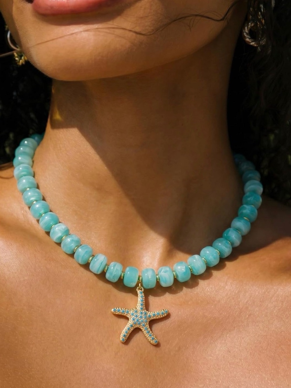 Gold-Accented Turquoise Beaded Starfish Necklace Kewelry